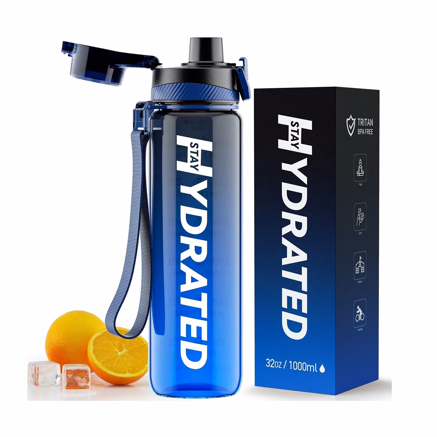 Hydrated Water Bottle - 1000ml Tritan Blue Gray
