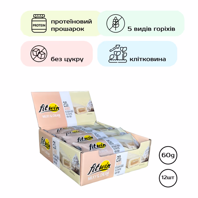 FitWin Milky & Cream, протеиновые батончики, 12 × 60 г