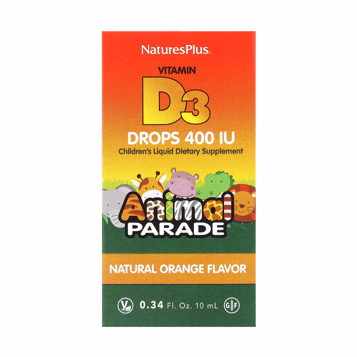 Nature's Plus Animal Parade Vitamin D3 Drops 400 IU, натуральный апельсиновый вкус, 10 мл