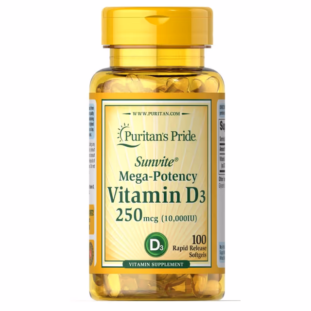 Puritan's Pride Sunvite Vitamin D3 250 мкг (10 000 МЕ), 100 мягких капсул