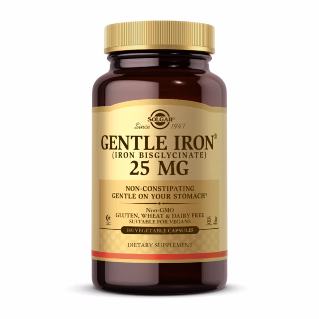 Solgar Gentle Iron, железо бисглицинат 25 мг, 180 растительных капсул